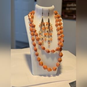 Vintage Salmon Colored Stone Beaded Necklace and Earring Set